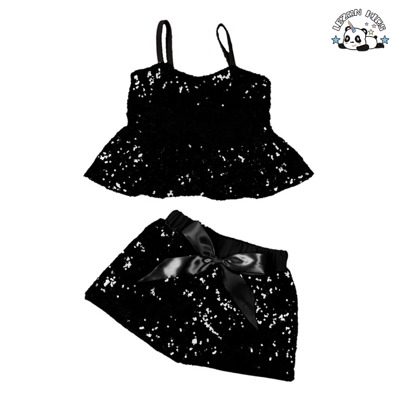 LEZONKIDS - Custom Logo Summer Girls Casual Cotton Suspender Vest Sequins Top Shorts Suit